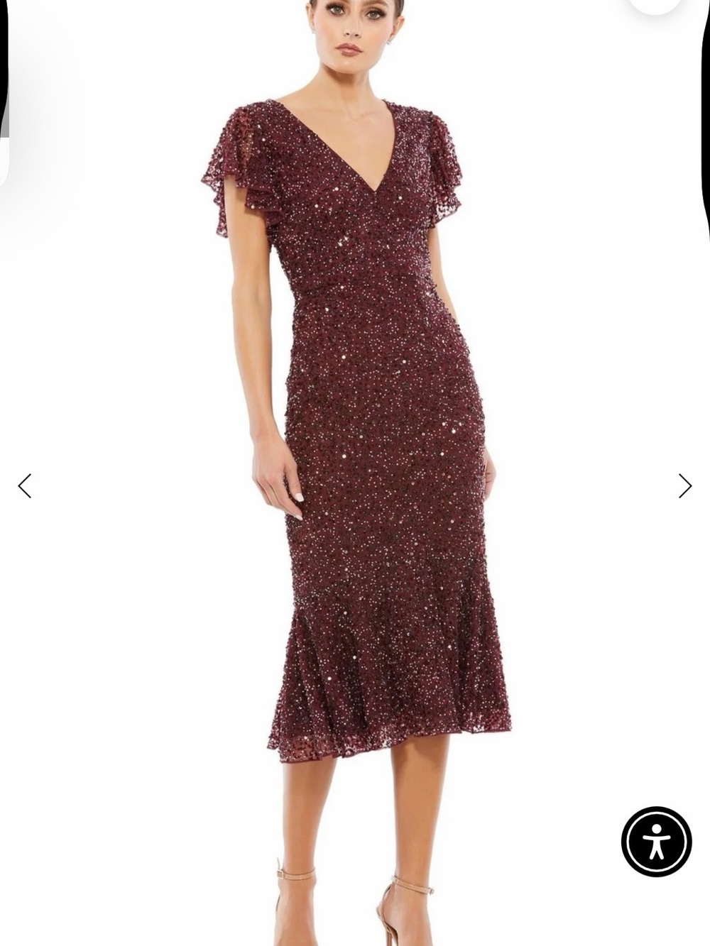 Mac Duggal 10801 Burgundy Sequin Flutter Sleeve Midi Dress New With Tags